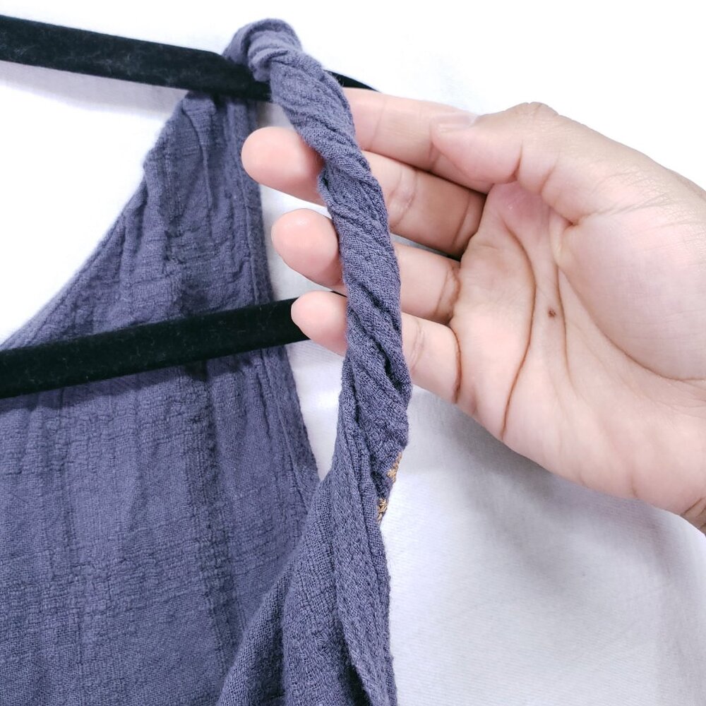 Wrap Designed in London Blue Gray Linen Blend Embroidery Wrap Mid Dress 8 - Picture 9 of 16